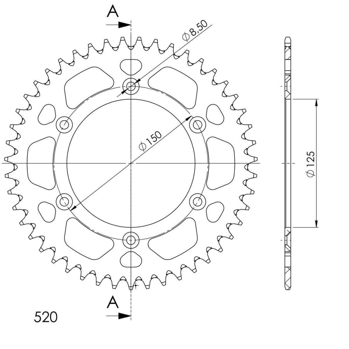 Supersprox Rear sprocket 47 Teeth (47T) KTM/Husqvarna/GasGas 1990-2026 Aluminium 520 dimensions