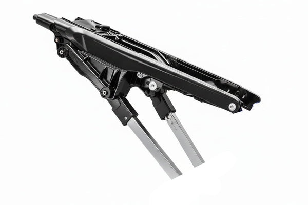 A close-up of a bicycle frame's rear triangle section, featuring a black top tube with a bright yellow accent stripe, silver-colored bottom bracket spindle arms, and a blue seat tube, isolated on a white background.